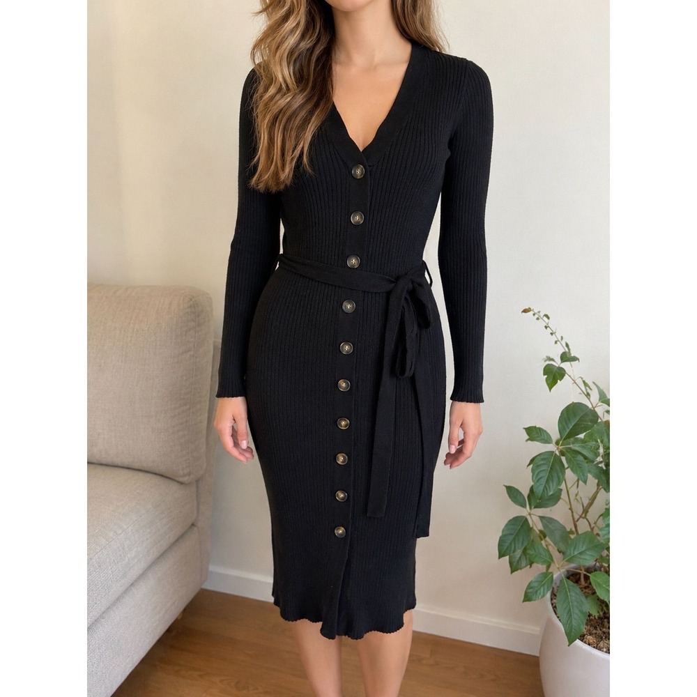 Size S - Black Ribbed Button-Front Midi Dress